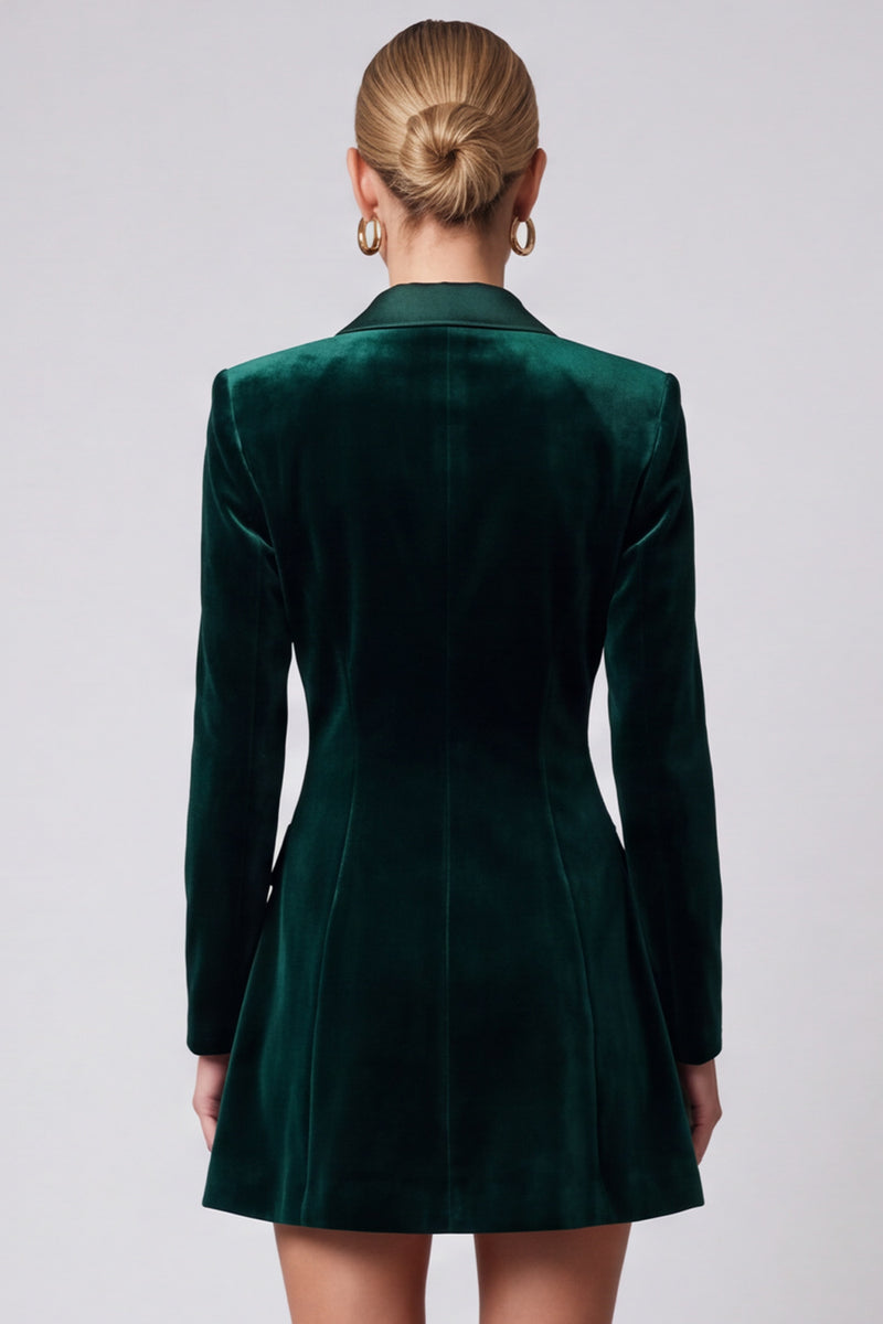 Laden Sie das Bild in den Galerie-Viewer, Dunkelgrünes Samt‑Blazer‑Minikleid mit Satin‑Revers