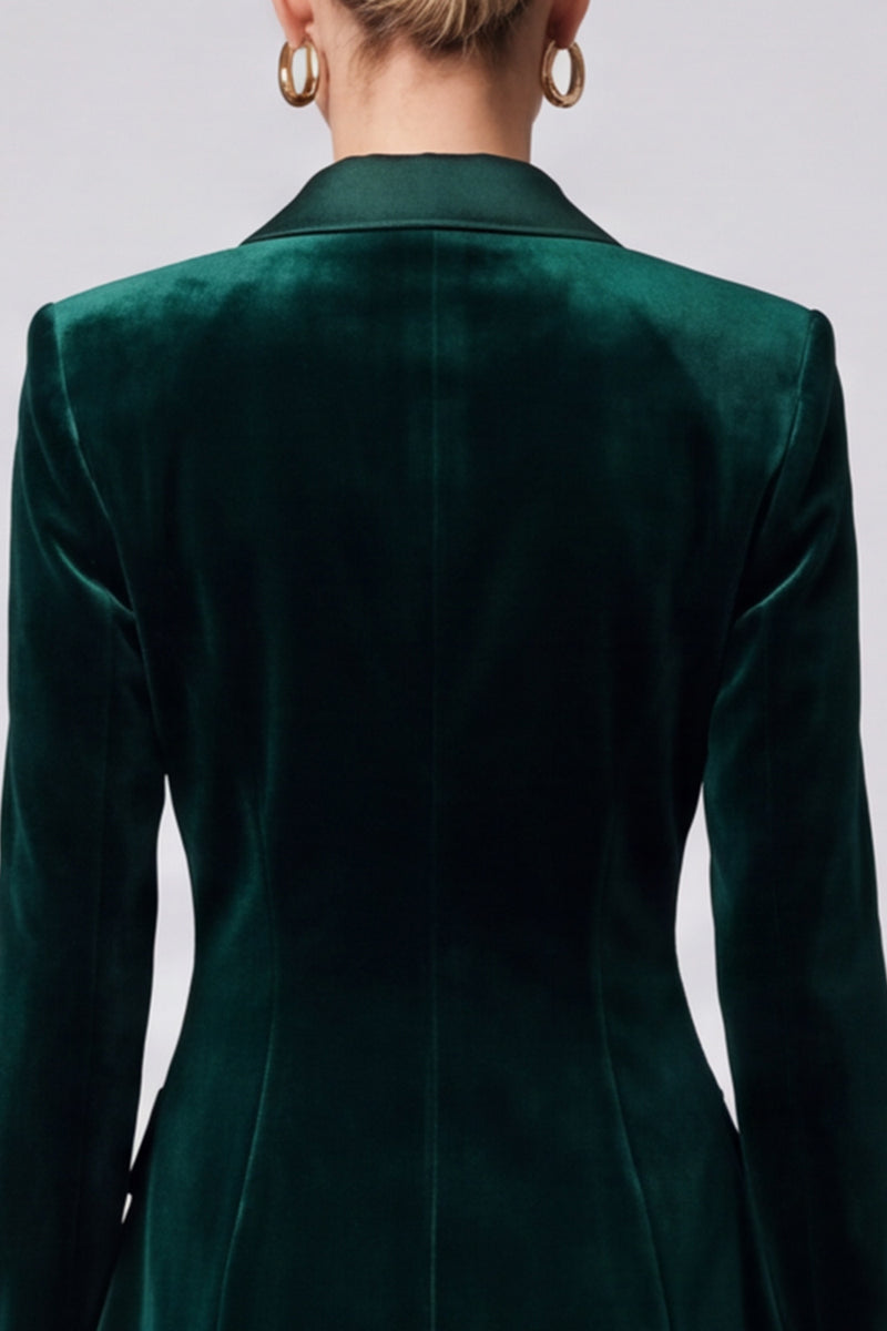 Laden Sie das Bild in den Galerie-Viewer, Dunkelgrünes Samt‑Blazer‑Minikleid mit Satin‑Revers