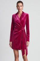 Laden Sie das Bild in den Galerie-Viewer, Fuchsia Samt Wickel‑Blazer‑Minikleid mit Bindegürtel