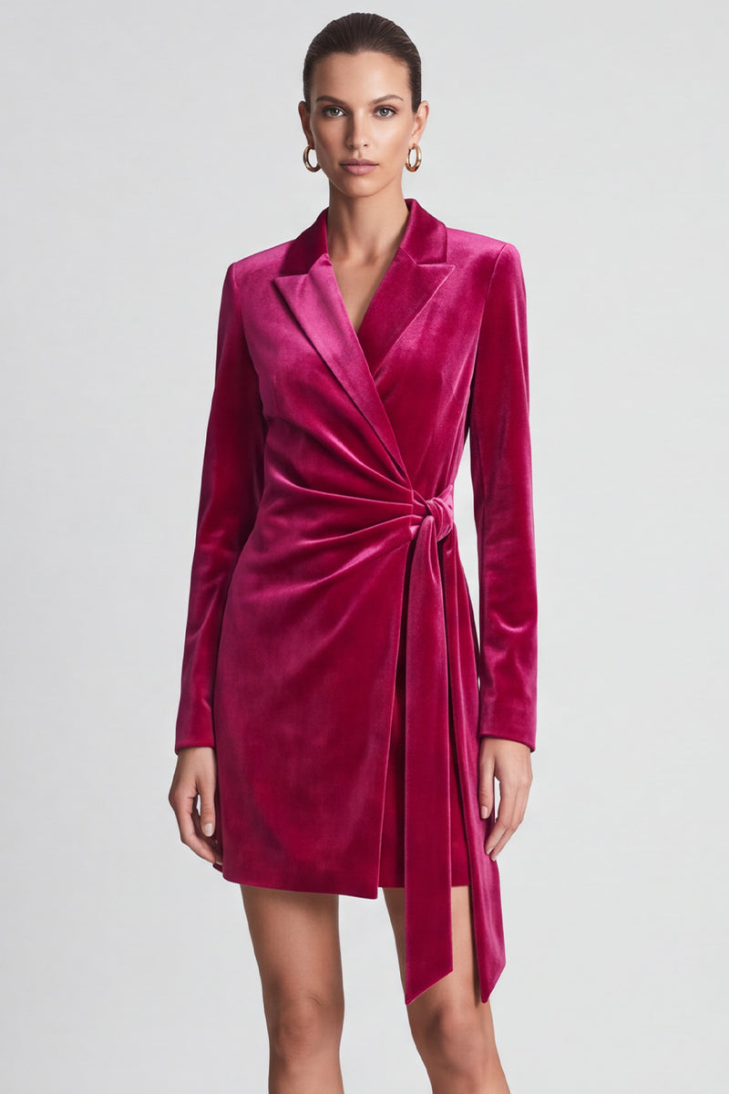 Laden Sie das Bild in den Galerie-Viewer, Fuchsia Samt Wickel‑Blazer‑Minikleid mit Bindegürtel