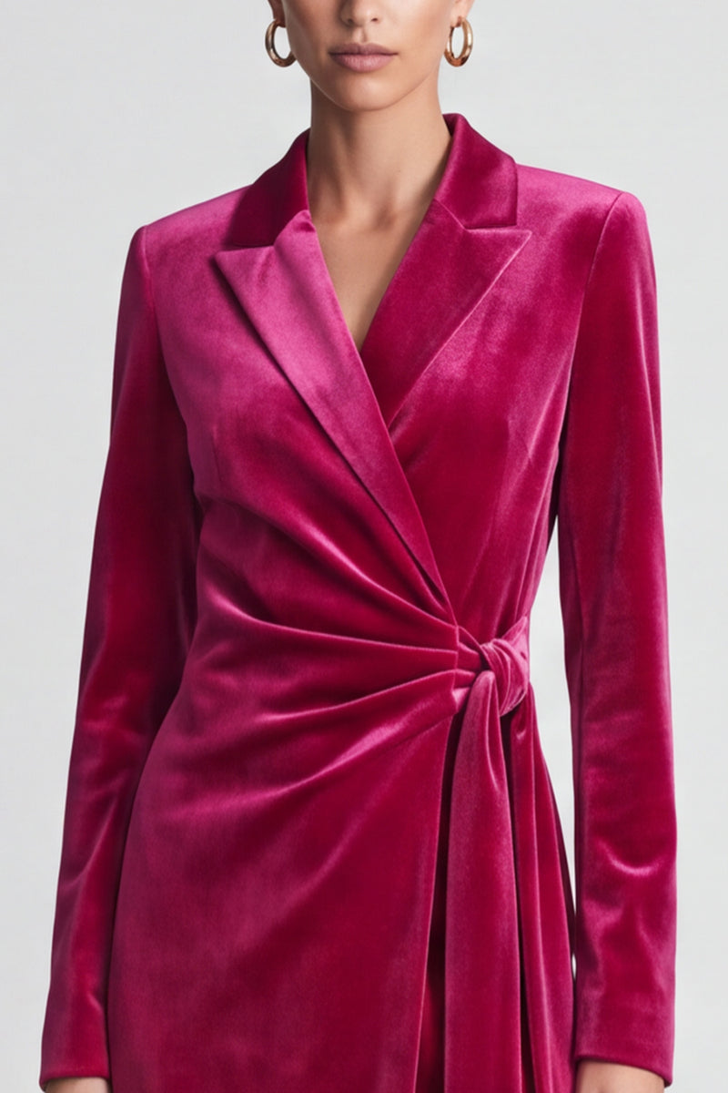 Laden Sie das Bild in den Galerie-Viewer, Fuchsia Samt Wickel‑Blazer‑Minikleid mit Bindegürtel