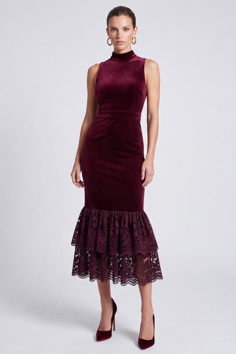Laden Sie das Bild in den Galerie-Viewer, Weinrotes Samt Midi Kleid ärmellos mit Stehkragen und zweilagigem Spitzen‑Volantsaum