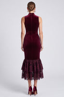 Laden Sie das Bild in den Galerie-Viewer, Weinrotes Samt Midi Kleid ärmellos mit Stehkragen und zweilagigem Spitzen‑Volantsaum