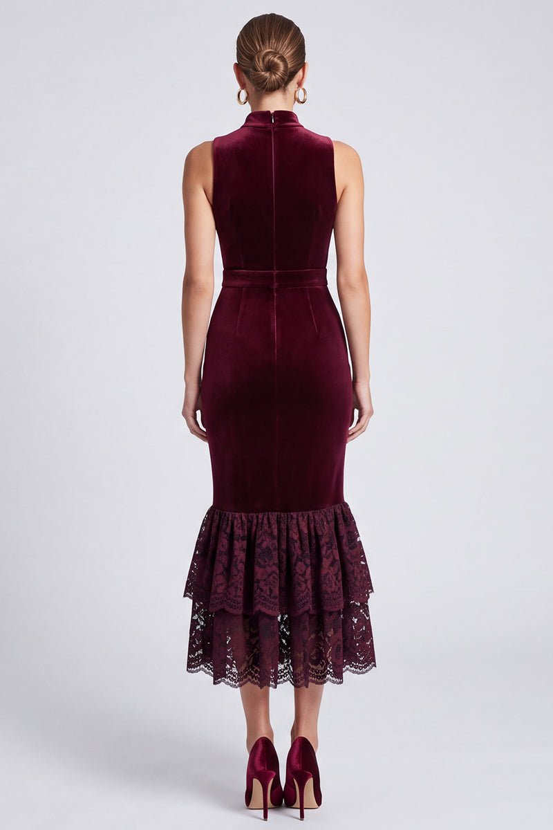 Laden Sie das Bild in den Galerie-Viewer, Weinrotes Samt Midi Kleid ärmellos mit Stehkragen und zweilagigem Spitzen‑Volantsaum