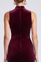 Laden Sie das Bild in den Galerie-Viewer, Weinrotes Samt Midi Kleid ärmellos mit Stehkragen und zweilagigem Spitzen‑Volantsaum