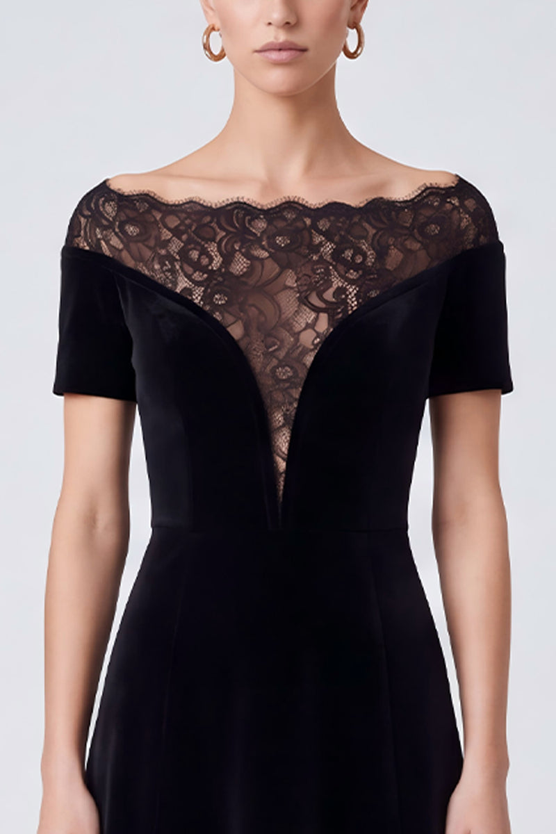 Laden Sie das Bild in den Galerie-Viewer, Schwarzes Samt‑Midi‑Kleid mit Spitzen‑Bardot‑Ausschnitt und Kurzarm