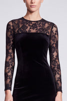 Laden Sie das Bild in den Galerie-Viewer, Schwarzes Samt‑Kleid mit Spitzen‑Langarm und Rundhalsausschnitt