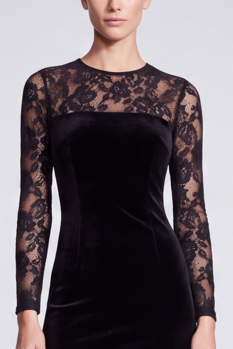Laden Sie das Bild in den Galerie-Viewer, Schwarzes Samt‑Kleid mit Spitzen‑Langarm und Rundhalsausschnitt
