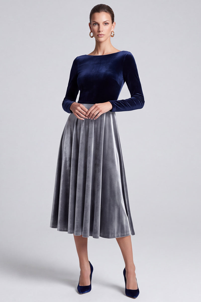 Laden Sie das Bild in den Galerie-Viewer, Zweifarbiges Samt‑Midi‑Kleid mit Langarm und Bootsausschnitt