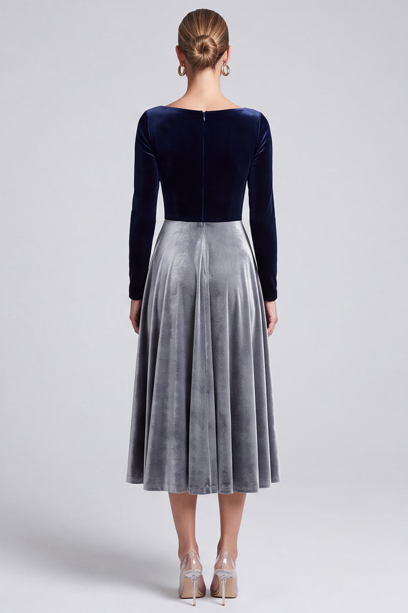Laden Sie das Bild in den Galerie-Viewer, Zweifarbiges Samt‑Midi‑Kleid mit Langarm und Bootsausschnitt