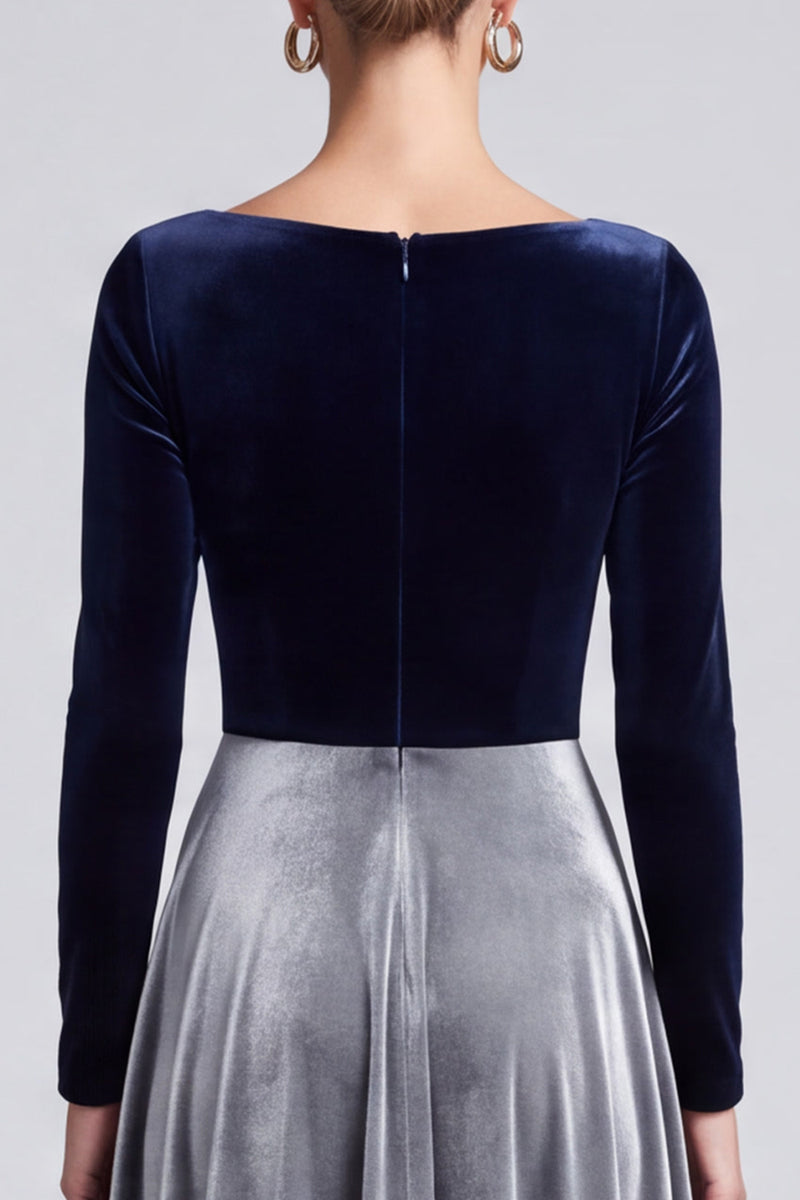 Laden Sie das Bild in den Galerie-Viewer, Zweifarbiges Samt‑Midi‑Kleid mit Langarm und Bootsausschnitt