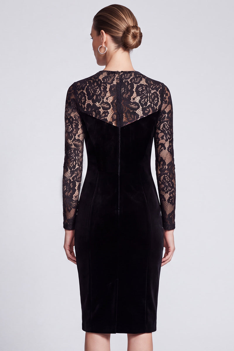 Laden Sie das Bild in den Galerie-Viewer, Schwarzes Samt‑Bleistiftkleid mit floralen Spitzen‑Langarm