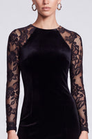 Laden Sie das Bild in den Galerie-Viewer, Schwarzes Samt‑Bleistiftkleid mit floralen Spitzen‑Langarm