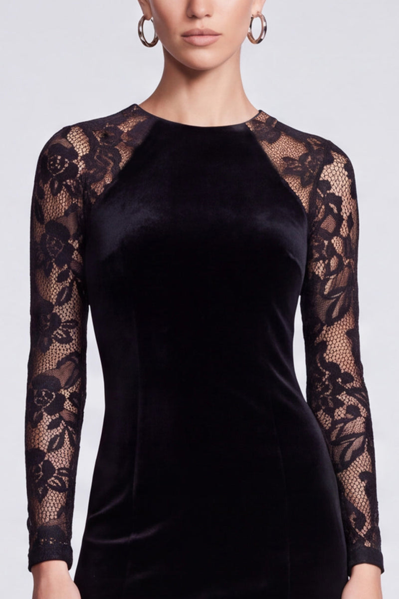 Laden Sie das Bild in den Galerie-Viewer, Schwarzes Samt‑Bleistiftkleid mit floralen Spitzen‑Langarm