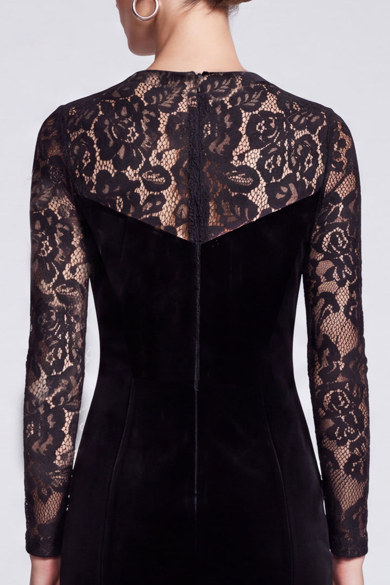 Laden Sie das Bild in den Galerie-Viewer, Schwarzes Samt‑Bleistiftkleid mit floralen Spitzen‑Langarm