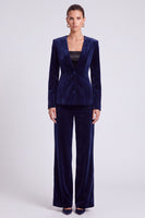 Laden Sie das Bild in den Galerie-Viewer, Marineblaues Samt‑Anzugset mit taillierter Jacke und Weithose