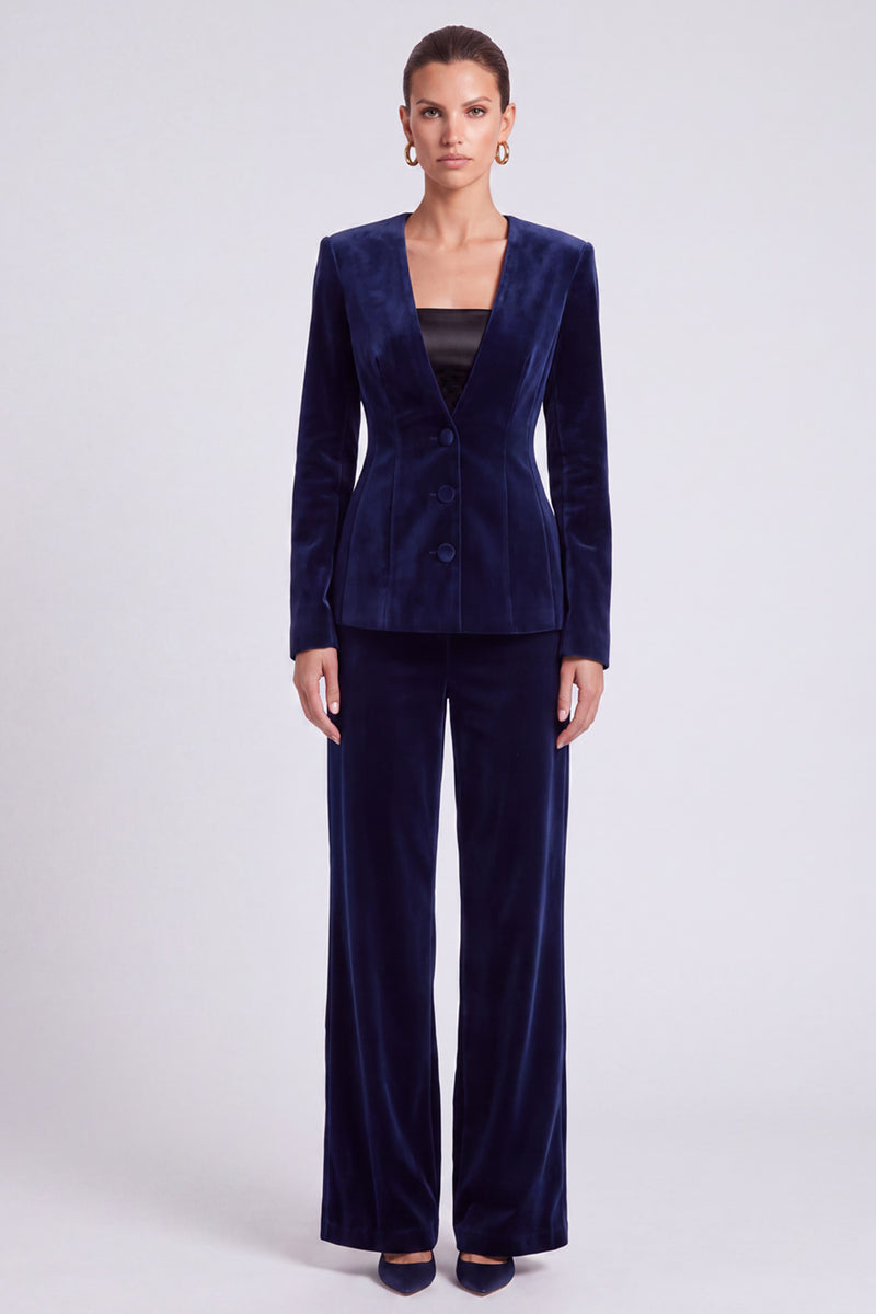 Laden Sie das Bild in den Galerie-Viewer, Marineblaues Samt‑Anzugset mit taillierter Jacke und Weithose