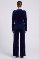 Laden Sie das Bild in den Galerie-Viewer, Marineblaues Samt‑Anzugset mit taillierter Jacke und Weithose