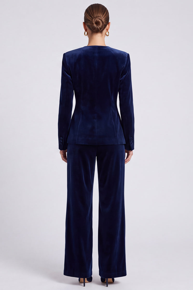 Laden Sie das Bild in den Galerie-Viewer, Marineblaues Samt‑Anzugset mit taillierter Jacke und Weithose