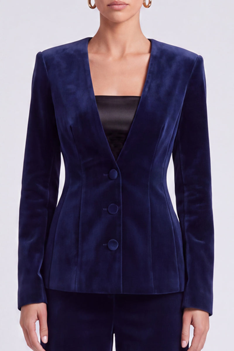 Laden Sie das Bild in den Galerie-Viewer, Marineblaues Samt‑Anzugset mit taillierter Jacke und Weithose