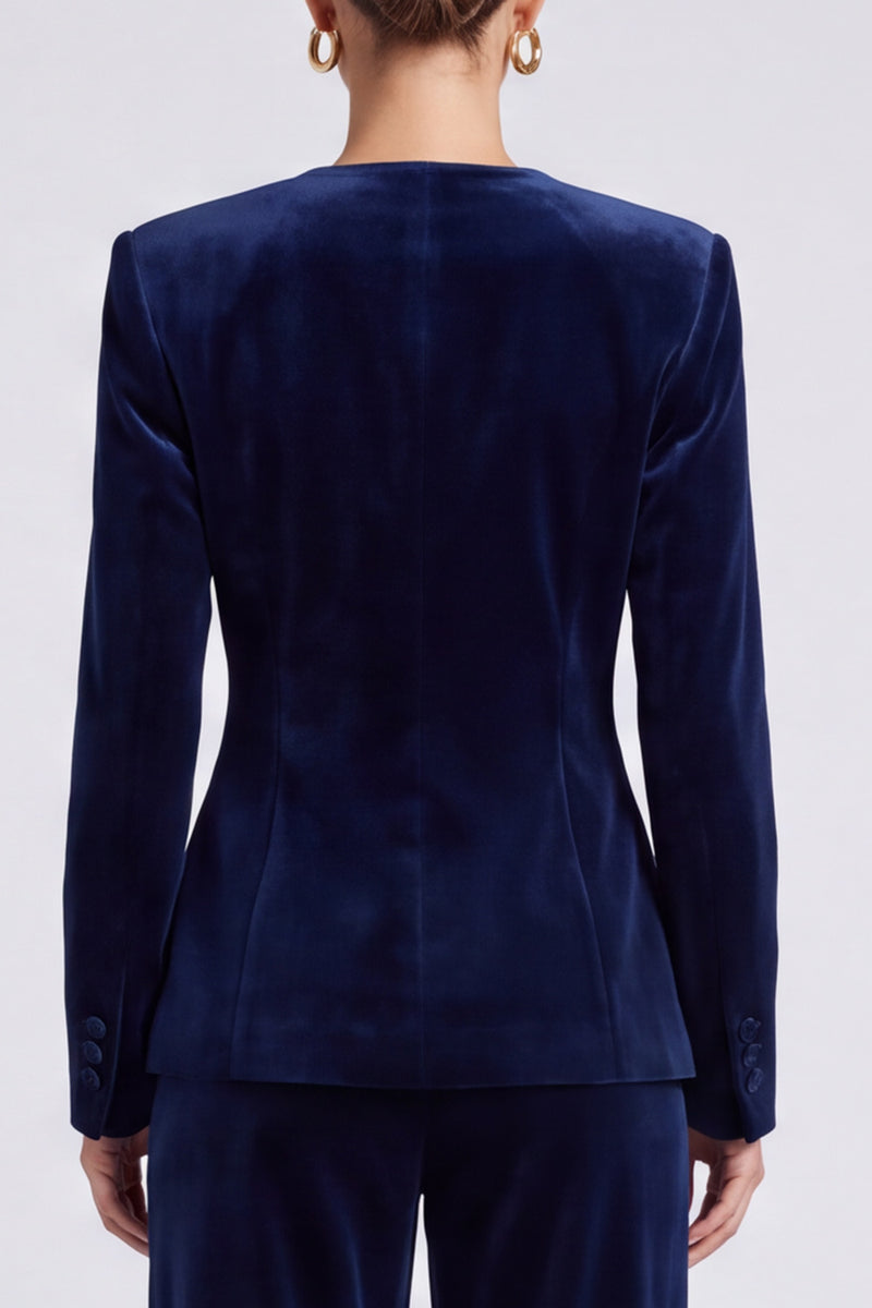 Laden Sie das Bild in den Galerie-Viewer, Marineblaues Samt‑Anzugset mit taillierter Jacke und Weithose