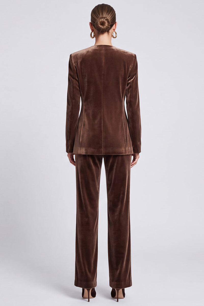 Laden Sie das Bild in den Galerie-Viewer, Braunes Samt‑Anzugset mit Revers‑Blazer und Weithose