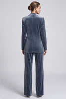 Laden Sie das Bild in den Galerie-Viewer, Graublaues Samt‑Anzugset mit gebundener Blazer‑Jacke und Weithose