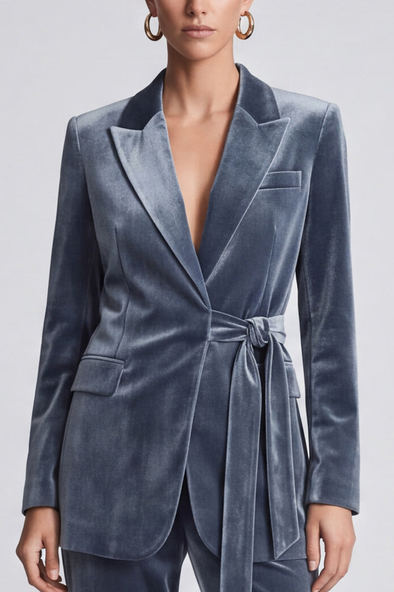 Laden Sie das Bild in den Galerie-Viewer, Graublaues Samt‑Anzugset mit gebundener Blazer‑Jacke und Weithose