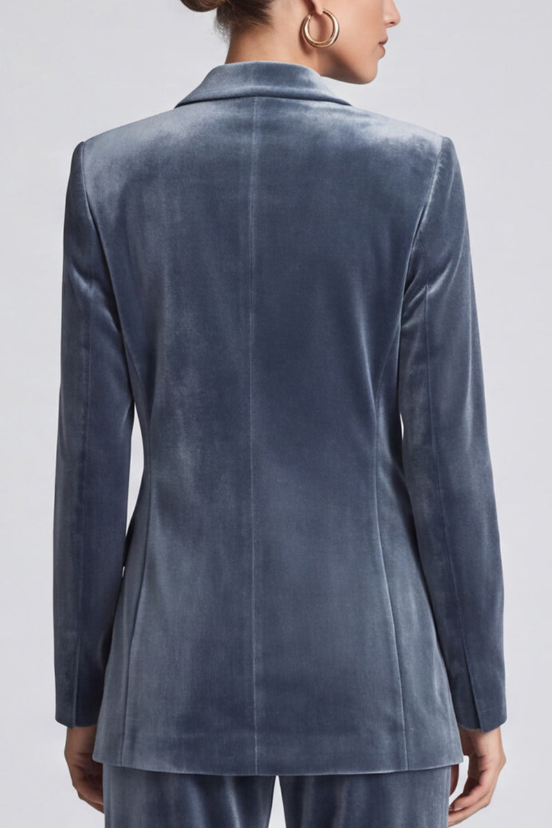 Laden Sie das Bild in den Galerie-Viewer, Graublaues Samt‑Anzugset mit gebundener Blazer‑Jacke und Weithose