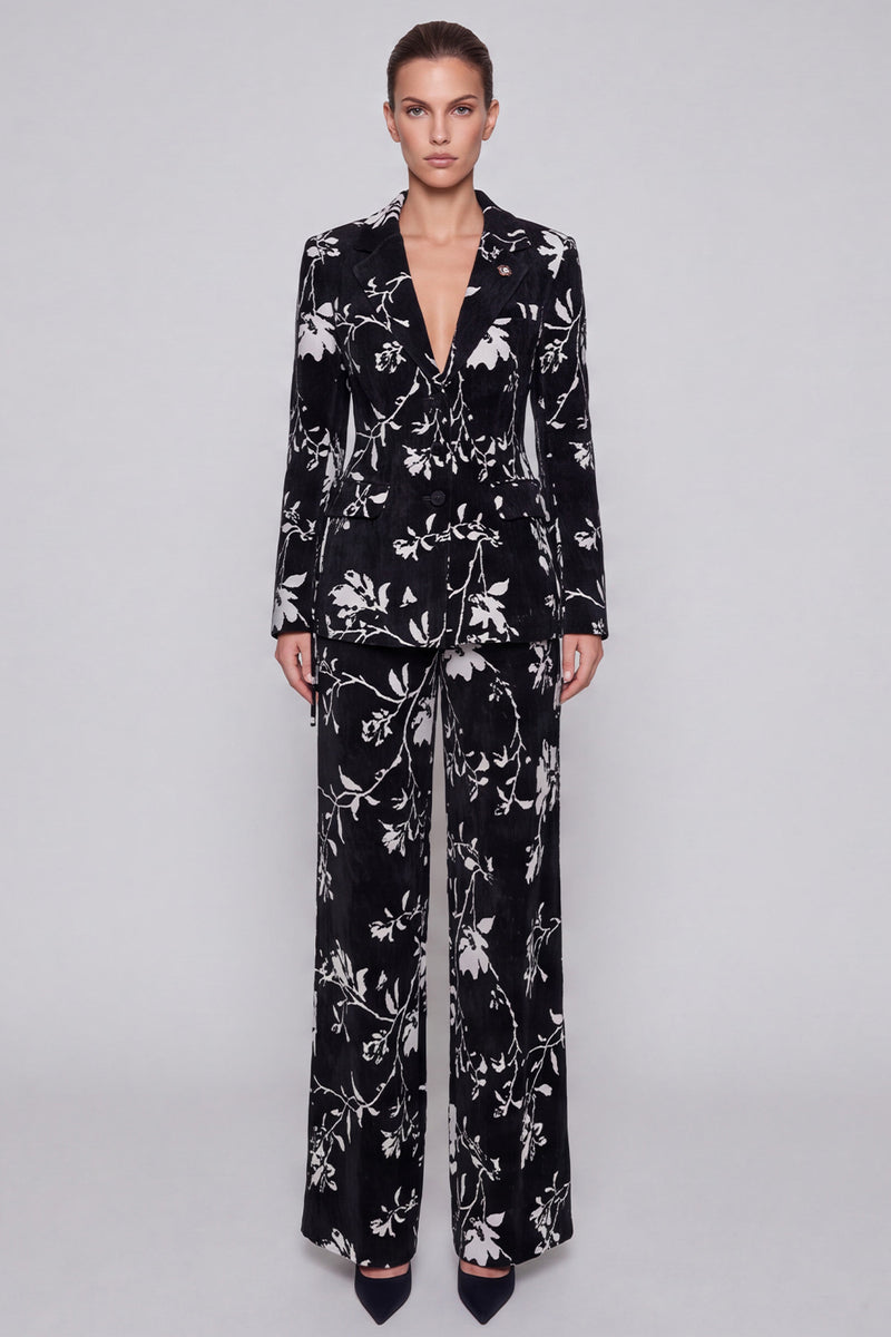 Laden Sie das Bild in den Galerie-Viewer, Schwarzes Blumenmuster Anzugset mit Blazer und Weithose