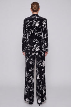 Schwarzes Blumenmuster Anzugset mit Blazer und Weithose