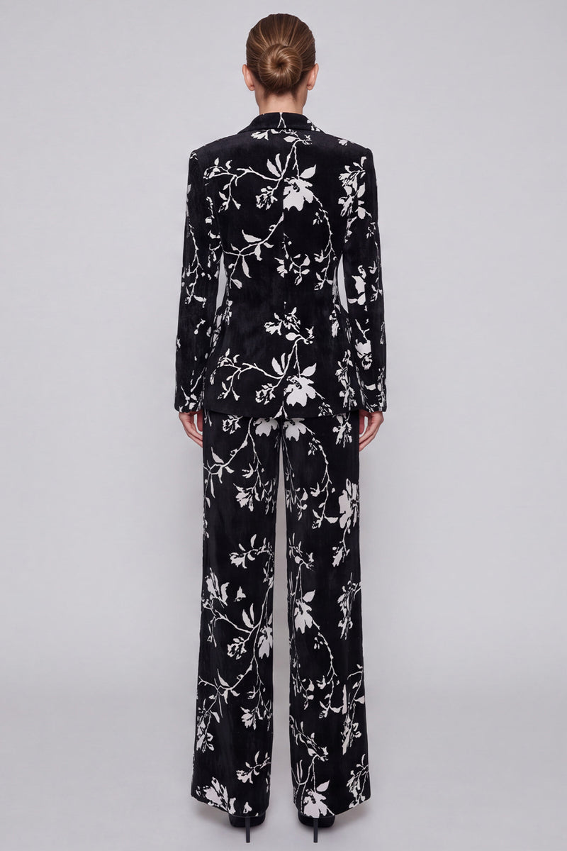 Laden Sie das Bild in den Galerie-Viewer, Schwarzes Blumenmuster Anzugset mit Blazer und Weithose