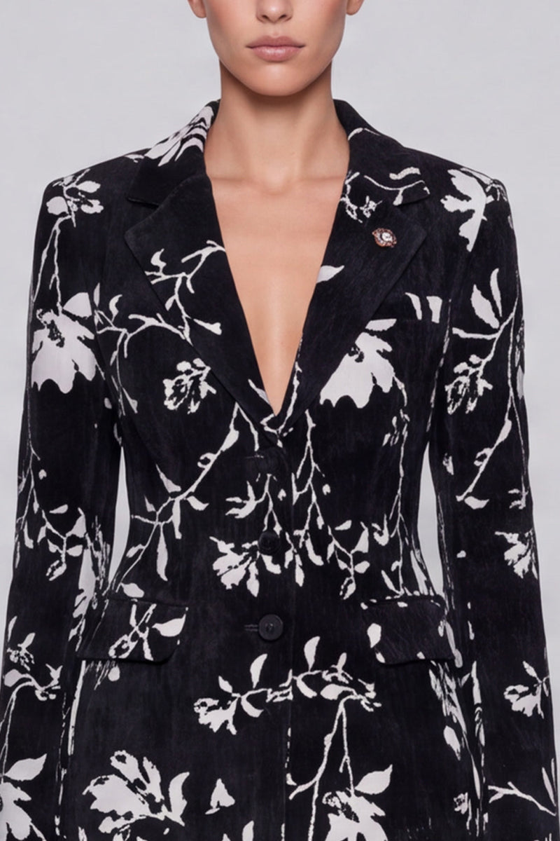 Laden Sie das Bild in den Galerie-Viewer, Schwarzes Blumenmuster Anzugset mit Blazer und Weithose
