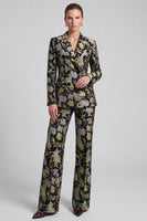 Laden Sie das Bild in den Galerie-Viewer, Schwarz‑gelbes Blumenmuster Zweiteiliges Damen‑Anzugset mit Blazer und Weithose