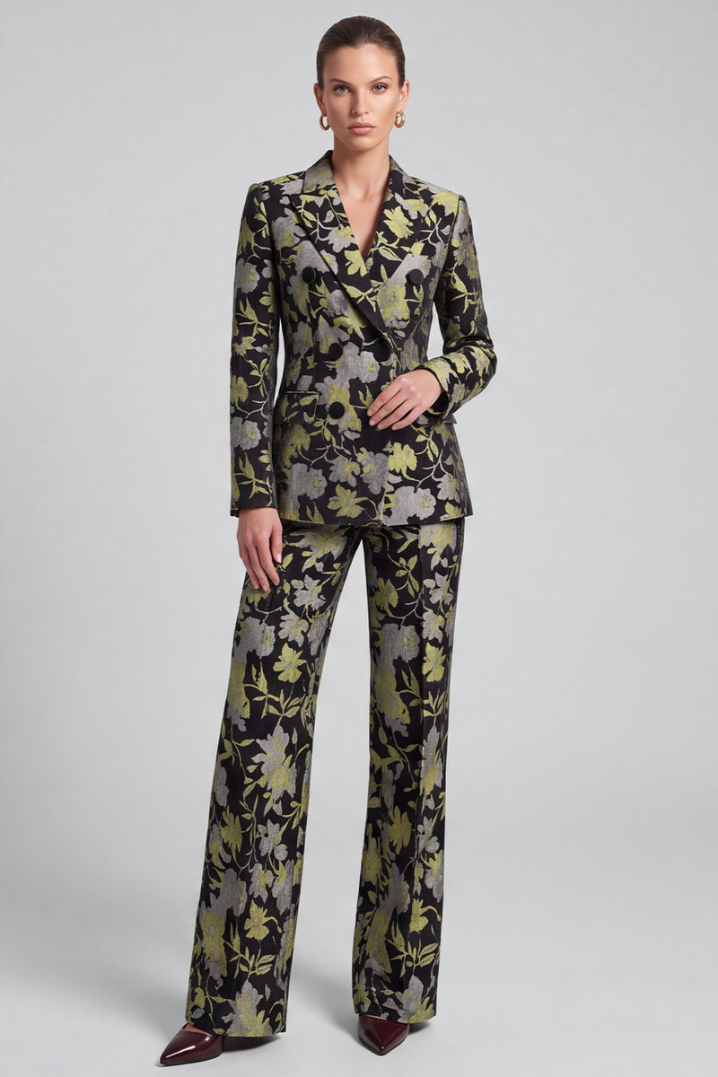 Laden Sie das Bild in den Galerie-Viewer, Schwarz‑gelbes Blumenmuster Zweiteiliges Damen‑Anzugset mit Blazer und Weithose