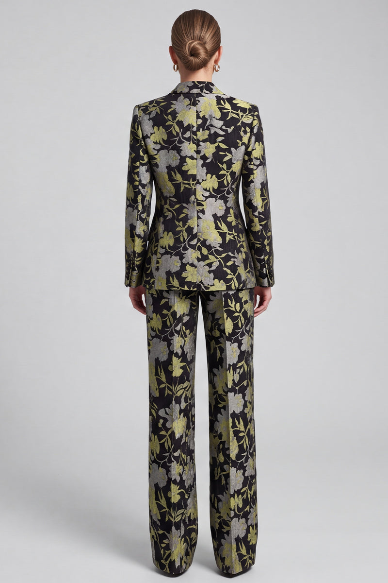 Laden Sie das Bild in den Galerie-Viewer, Schwarz‑gelbes Blumenmuster Zweiteiliges Damen‑Anzugset mit Blazer und Weithose