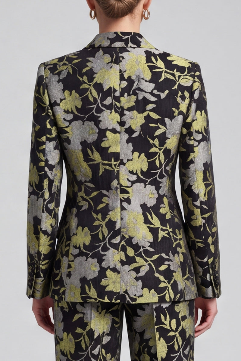 Laden Sie das Bild in den Galerie-Viewer, Schwarz‑gelbes Blumenmuster Zweiteiliges Damen‑Anzugset mit Blazer und Weithose