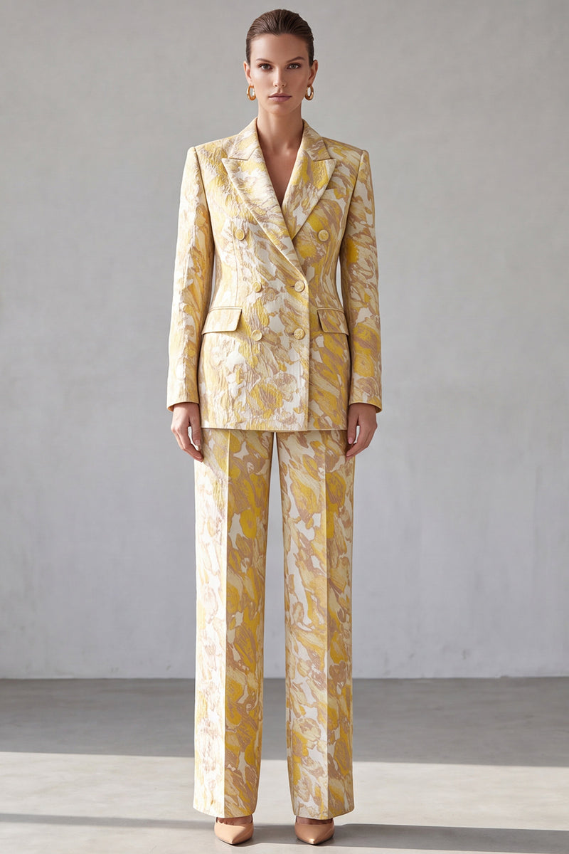 Laden Sie das Bild in den Galerie-Viewer, Gelbes Floral‑Anzugset mit Blazer und Weithose