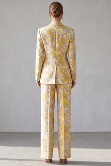 Gelbes Floral‑Anzugset mit Blazer und Weithose
