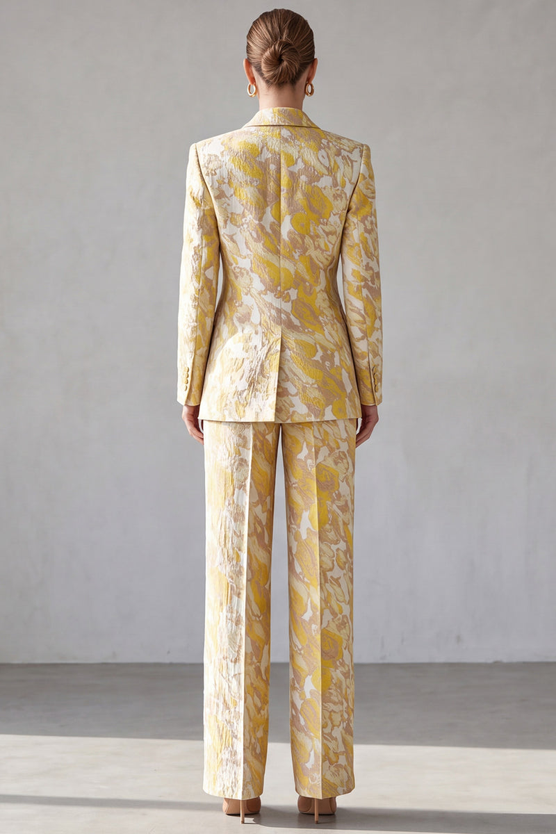 Laden Sie das Bild in den Galerie-Viewer, Gelbes Floral‑Anzugset mit Blazer und Weithose