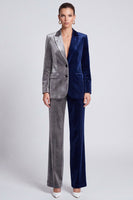 Laden Sie das Bild in den Galerie-Viewer, Zweifarbiges Samt‑Anzugset in Marineblau‑Grau mit Blazer und Weithose