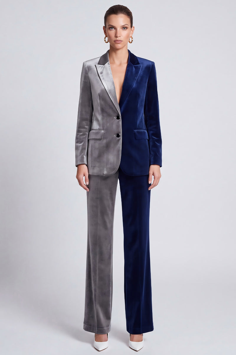 Laden Sie das Bild in den Galerie-Viewer, Zweifarbiges Samt‑Anzugset in Marineblau‑Grau mit Blazer und Weithose