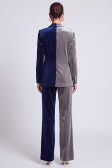 Zweifarbiges Samt‑Anzugset in Marineblau‑Grau mit Blazer und Weithose