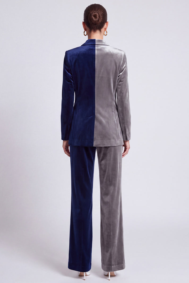 Laden Sie das Bild in den Galerie-Viewer, Zweifarbiges Samt‑Anzugset in Marineblau‑Grau mit Blazer und Weithose