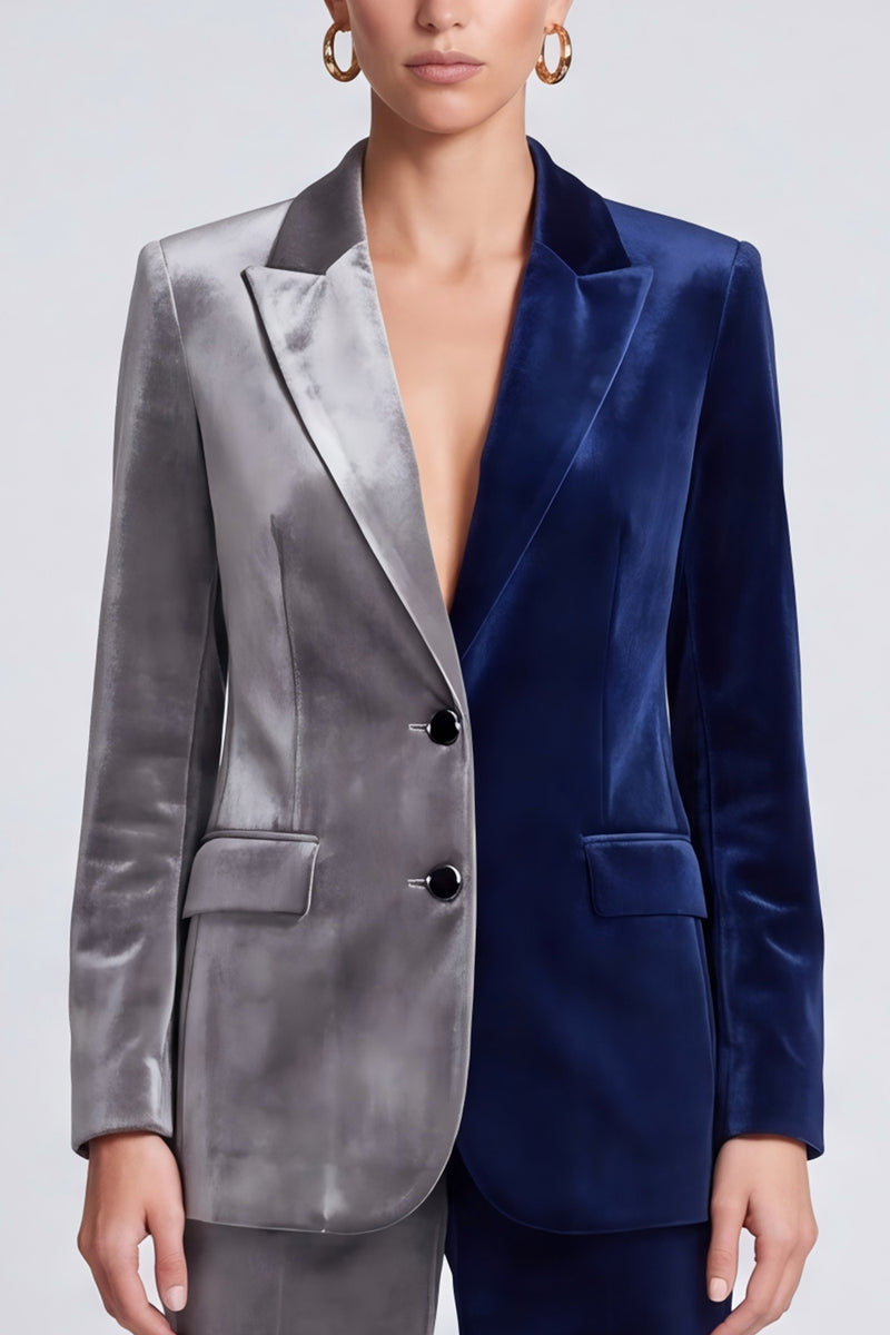 Laden Sie das Bild in den Galerie-Viewer, Zweifarbiges Samt‑Anzugset in Marineblau‑Grau mit Blazer und Weithose