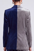 Laden Sie das Bild in den Galerie-Viewer, Zweifarbiges Samt‑Anzugset in Marineblau‑Grau mit Blazer und Weithose