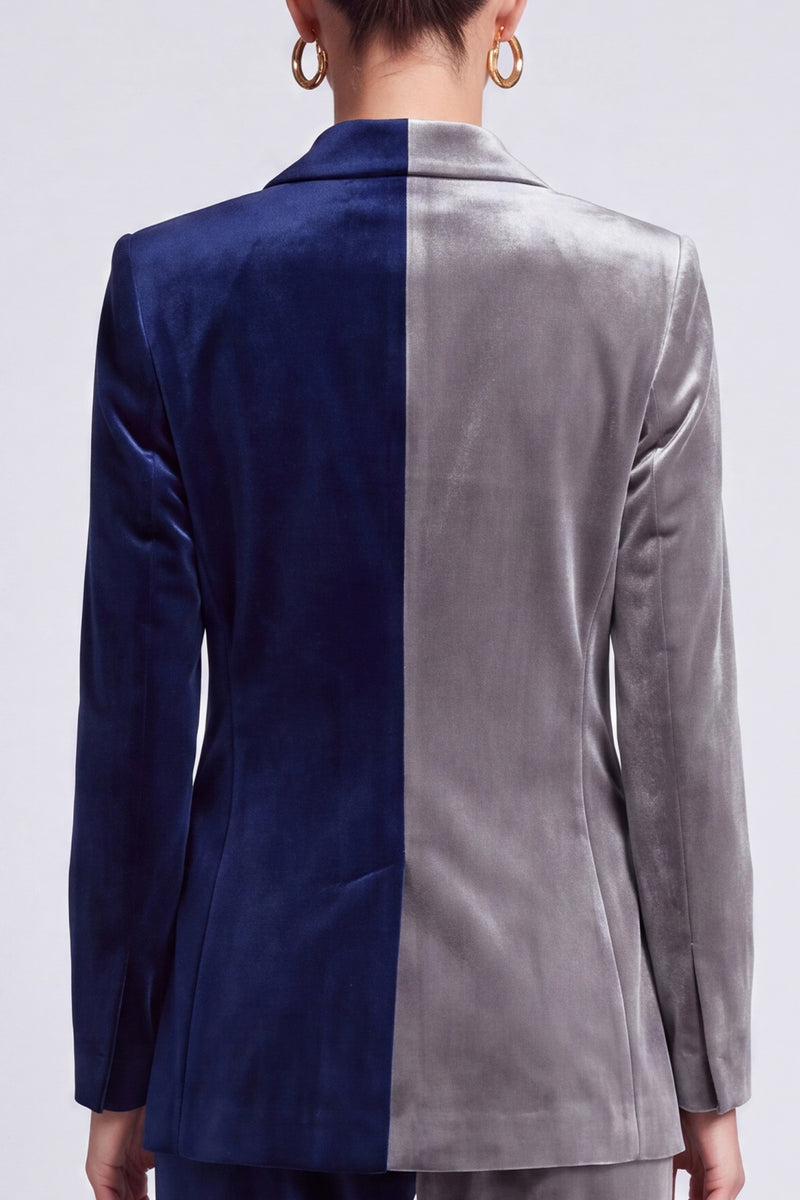Laden Sie das Bild in den Galerie-Viewer, Zweifarbiges Samt‑Anzugset in Marineblau‑Grau mit Blazer und Weithose