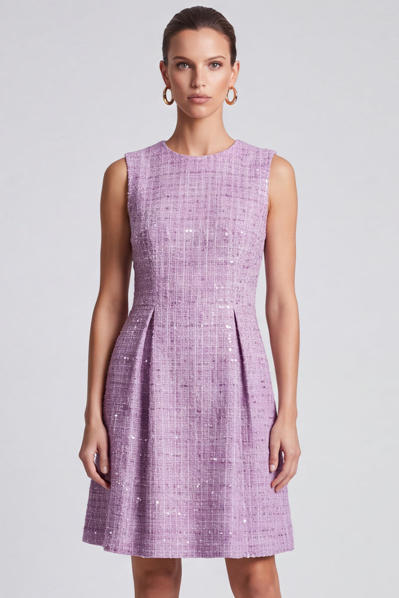 Laden Sie das Bild in den Galerie-Viewer, Flieder ärmelloses Tweed‑Kleid mit Pailletten