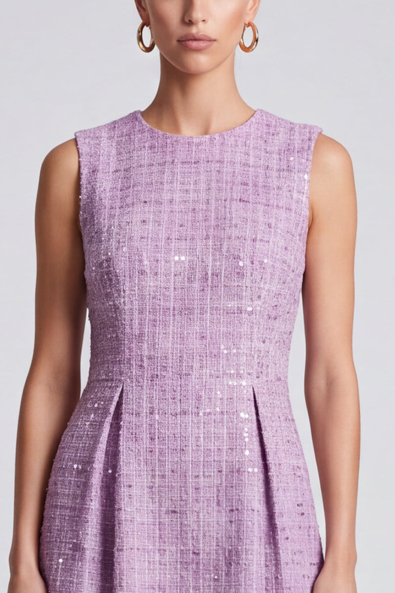 Laden Sie das Bild in den Galerie-Viewer, Flieder ärmelloses Tweed‑Kleid mit Pailletten