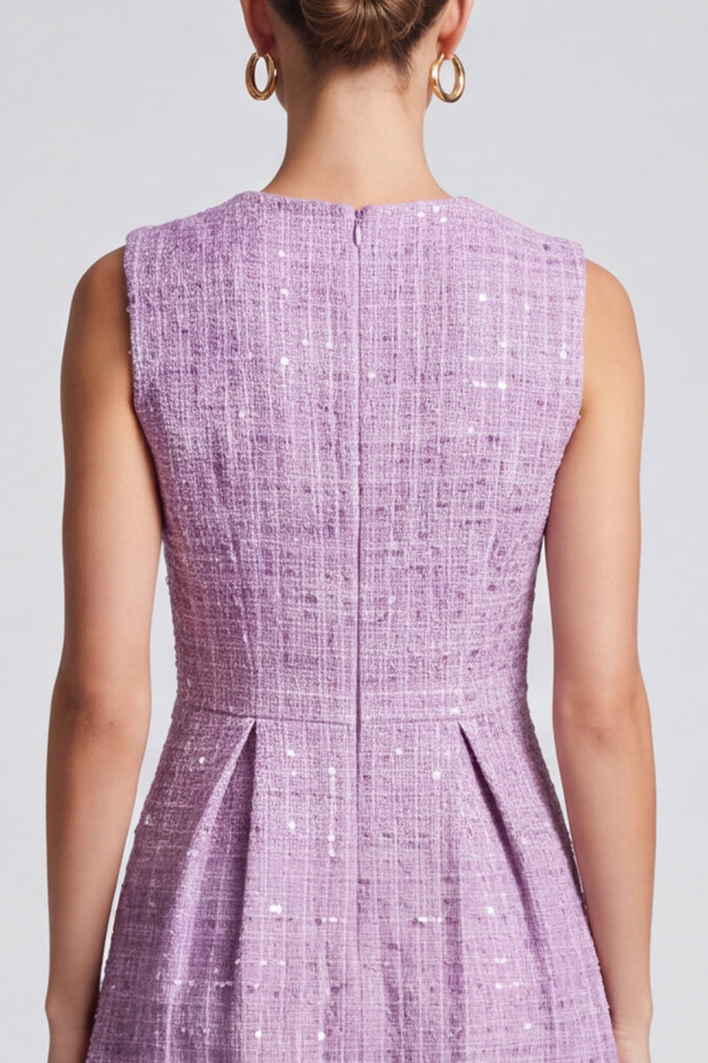 Laden Sie das Bild in den Galerie-Viewer, Flieder ärmelloses Tweed‑Kleid mit Pailletten